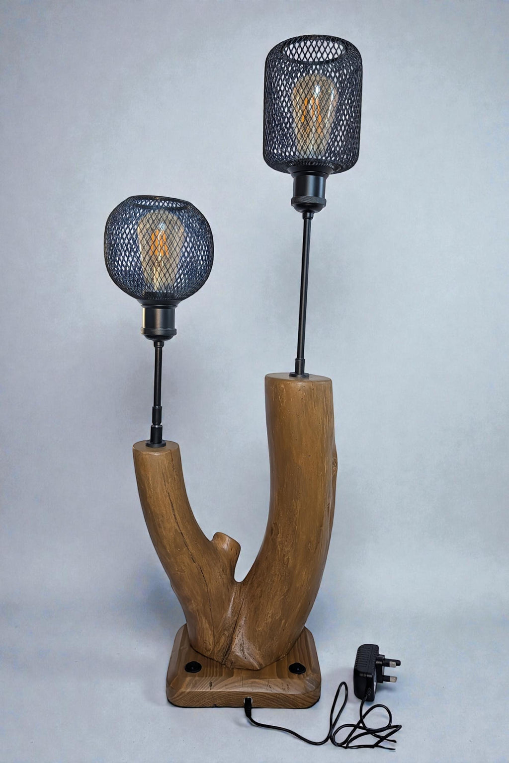 Handcrafted Driftwood Dual Table Lamp | Polished Natural Wood | Matt Black Metal Shades | 12V Low Voltage | Stone & Root