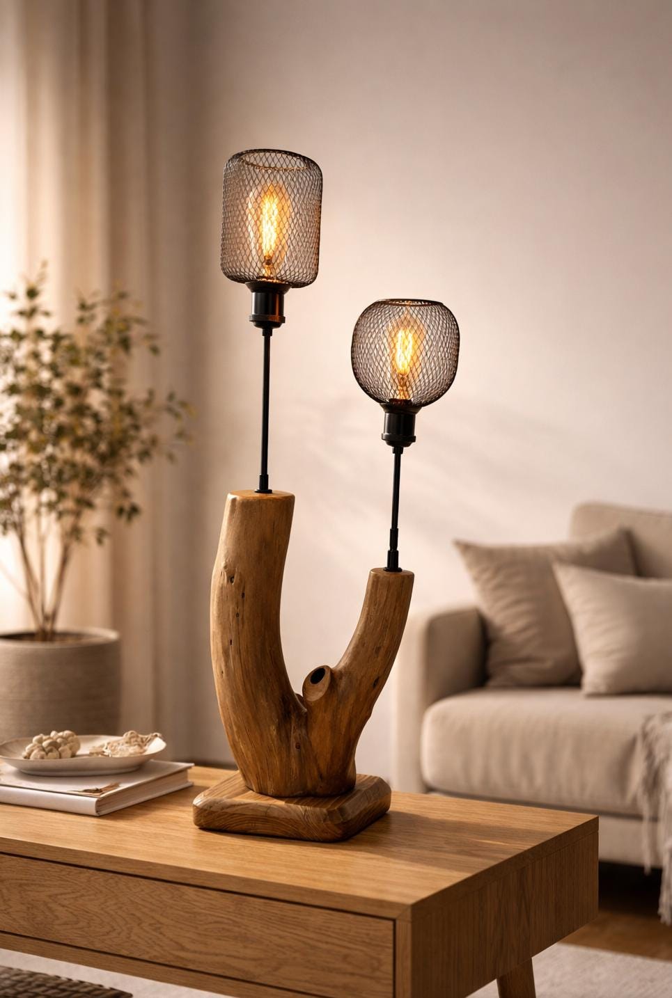 Handcrafted Driftwood Dual Table Lamp | Polished Natural Wood | Matt Black Metal Shades | 12V Low Voltage | Stone & Root