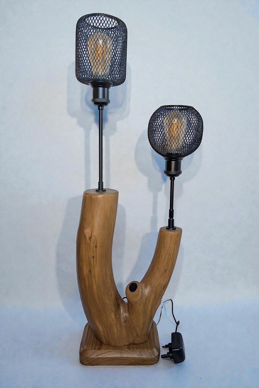 Handcrafted Driftwood Dual Table Lamp | Polished Natural Wood | Matt Black Metal Shades | 12V Low Voltage | Stone & Root