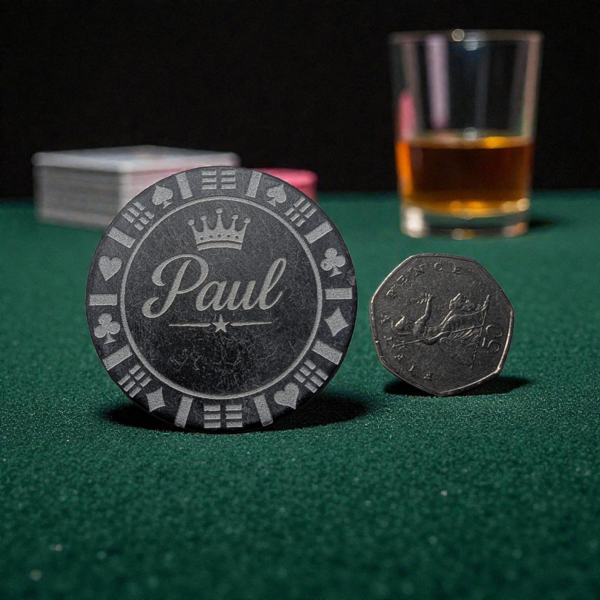 Personalised Engraved poker chip – natural stone handmade by Stone and Root