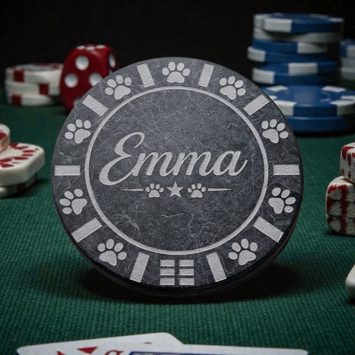 Personalised Engraved poker chip – natural stone handmade by Stone and Root