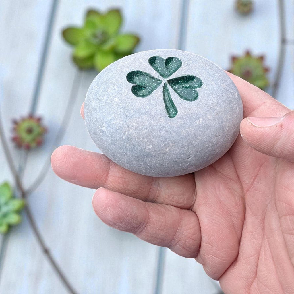 Hand-Carved Shamrock Stone – Glitter Enamel, Personalized Gift