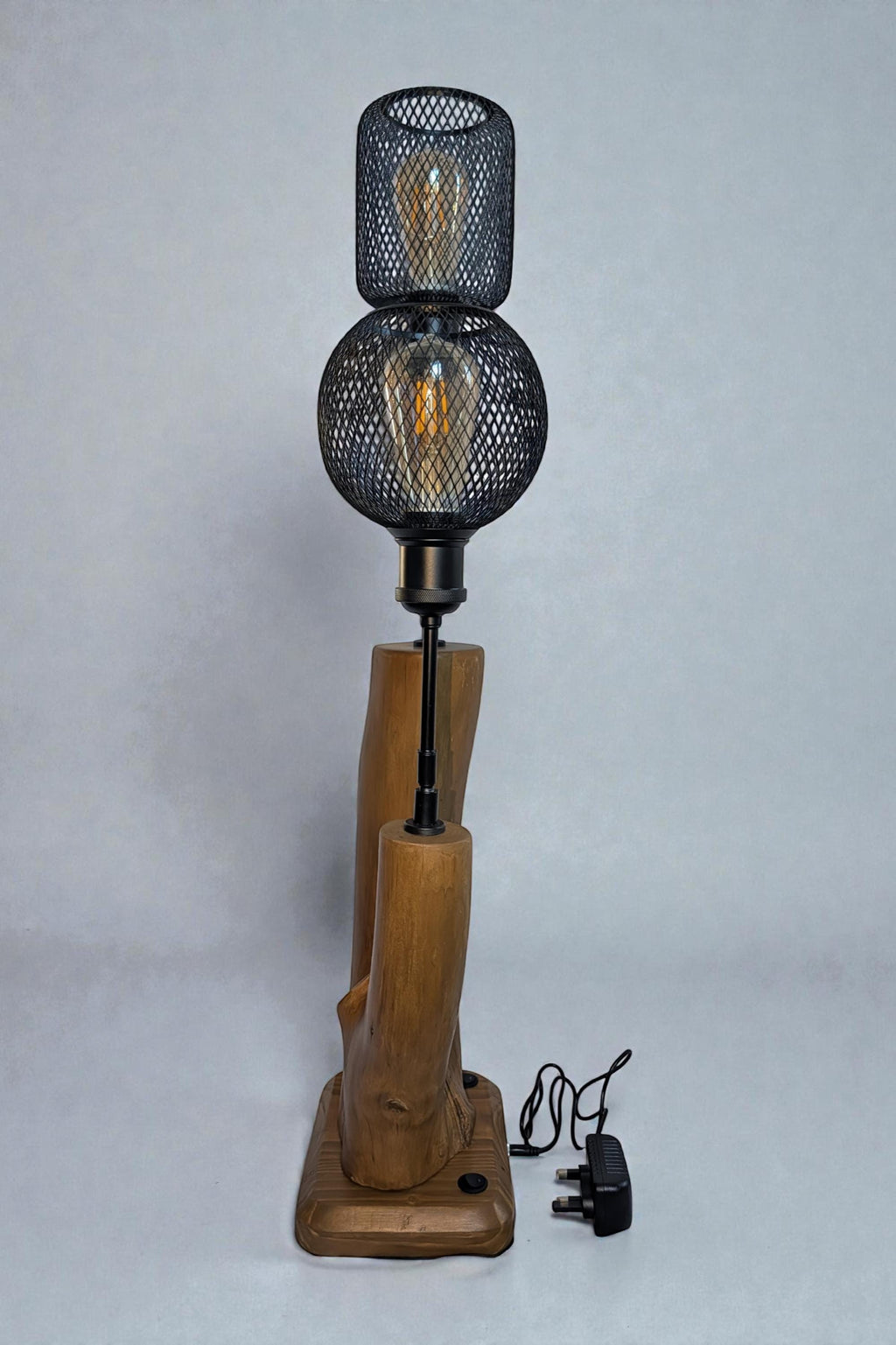 Handcrafted Driftwood Dual Table Lamp | Polished Natural Wood | Matt Black Metal Shades | 12V Low Voltage | Stone & Root