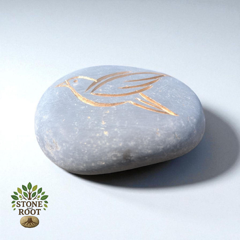 Hand Carved Stone Bird: Engraved Pebble Art with Gold Inlay