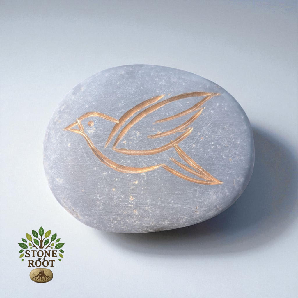 Hand Carved Stone Bird: Engraved Pebble Art with Gold Inlay
