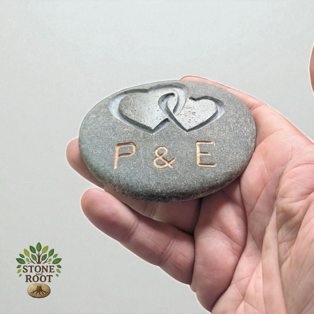 Personalized Engraved Stone Keepsake: Intertwined Hearts with gold initials