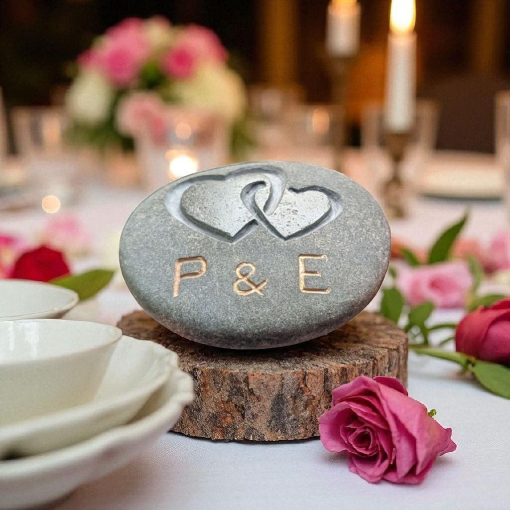 Personalized Engraved Stone Keepsake: Intertwined Hearts with gold initials