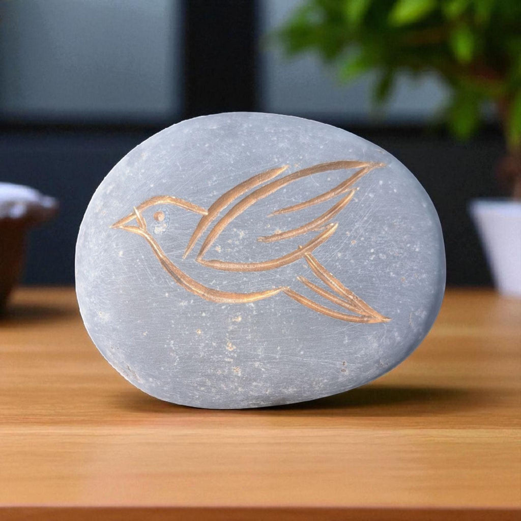 Hand Carved Stone Bird: Engraved Pebble Art with Gold Inlay