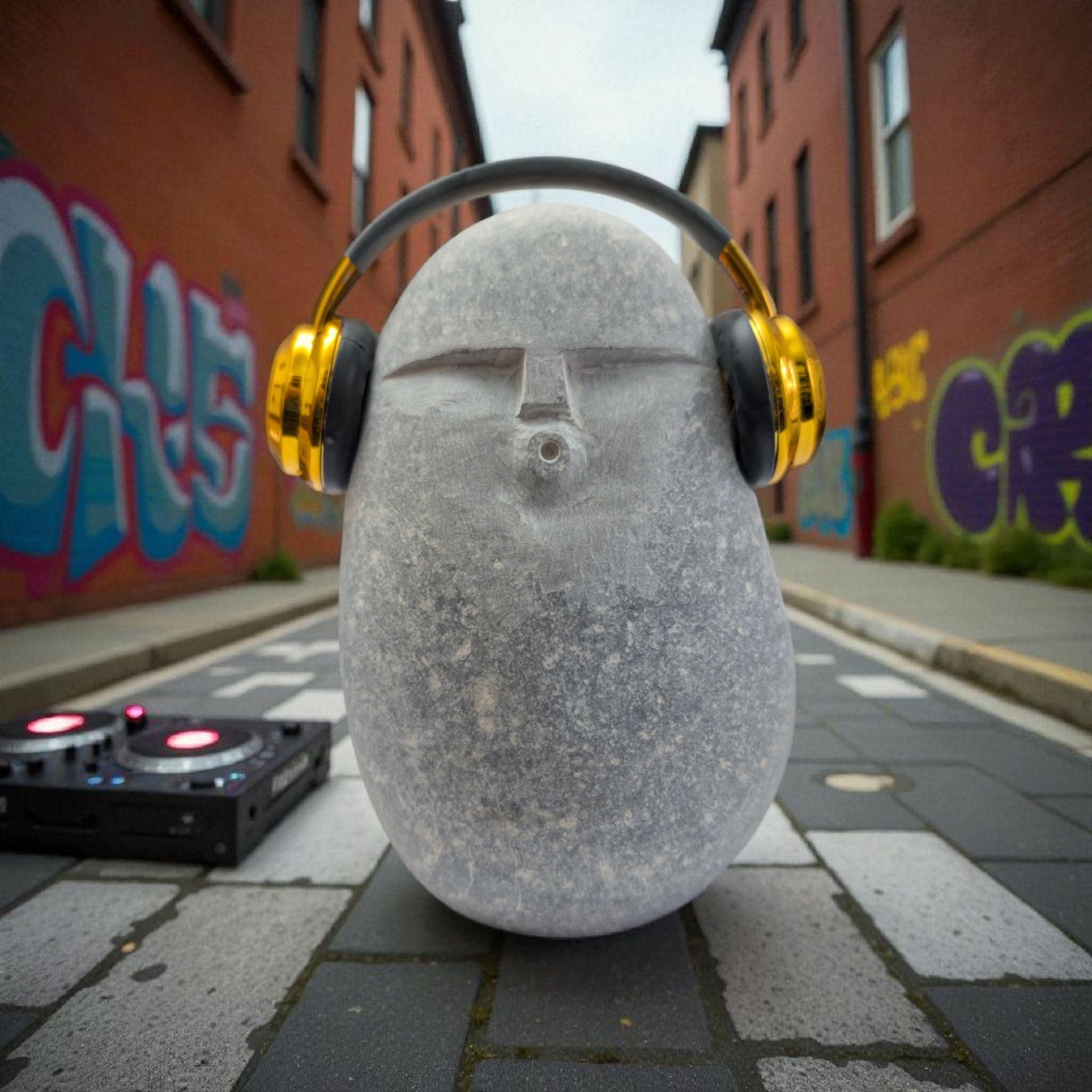 DJ OoF Limestone Sculpture: Hand-Carved Stone Decor with Green Headphones