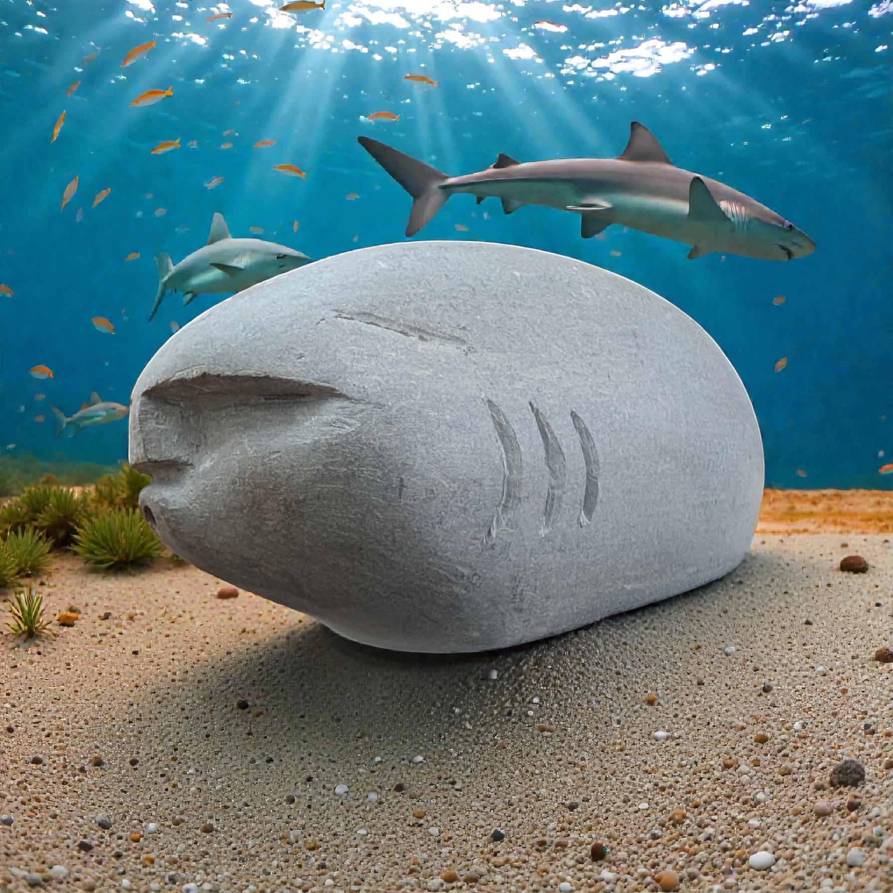 Hand-Carved LimeStone Face Sculpture: Zen Garden Decor, The Shark Oof