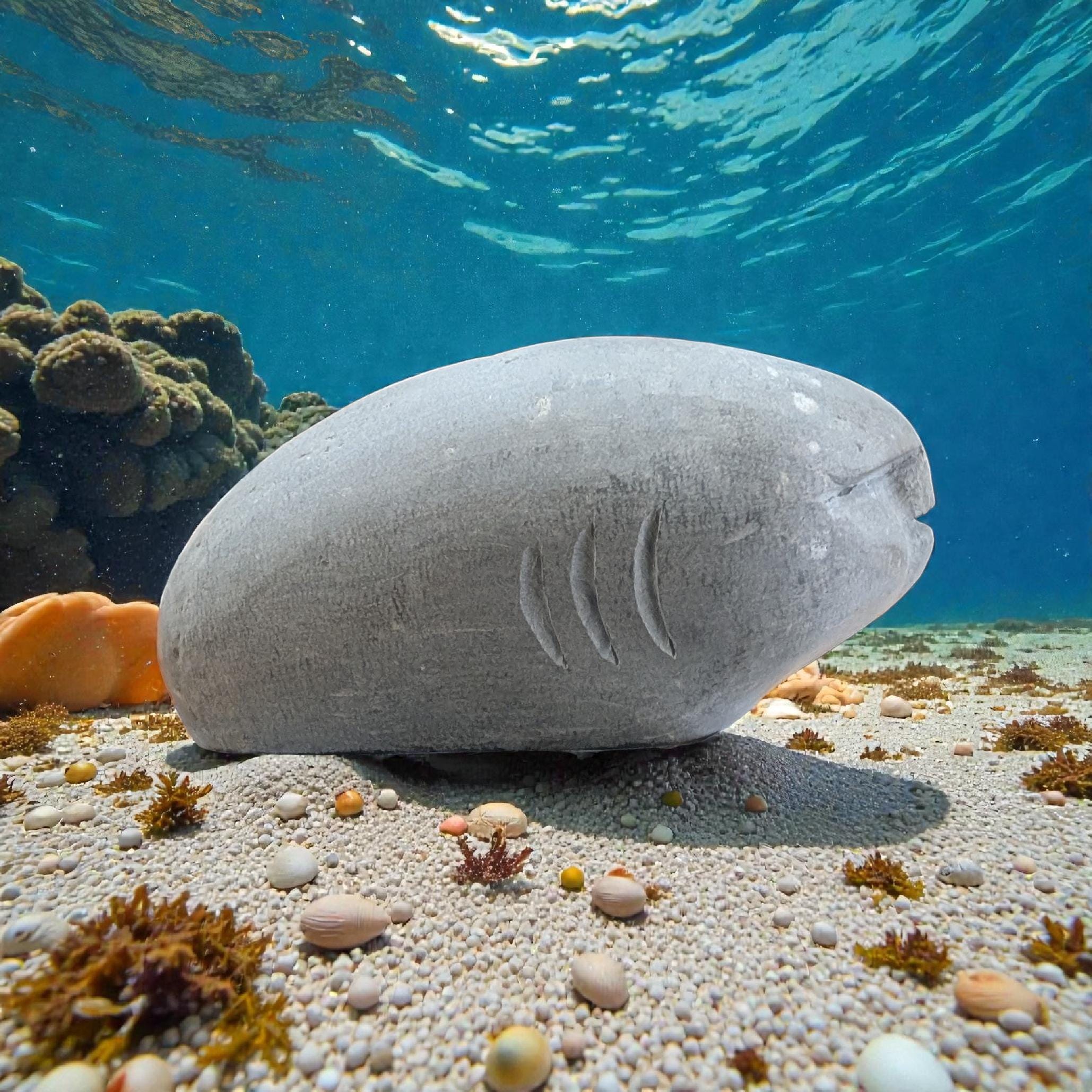 Hand-Carved LimeStone Face Sculpture: Zen Garden Decor, The Shark Oof
