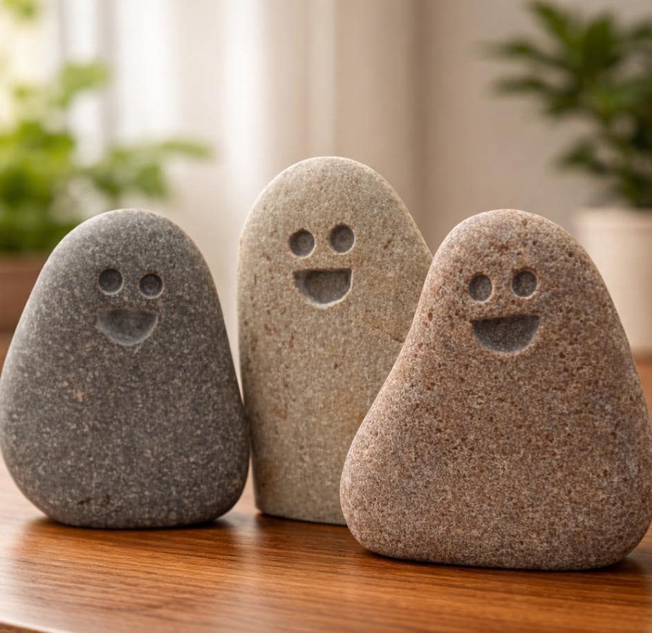 Hand Carved Smiling Stone Pebble: Pocket Companion Gift, Desk Decor