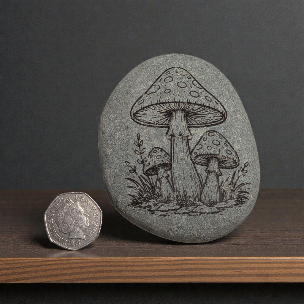 Glass-Etched Toadstool design Stone with Display stand  - custom engraving option