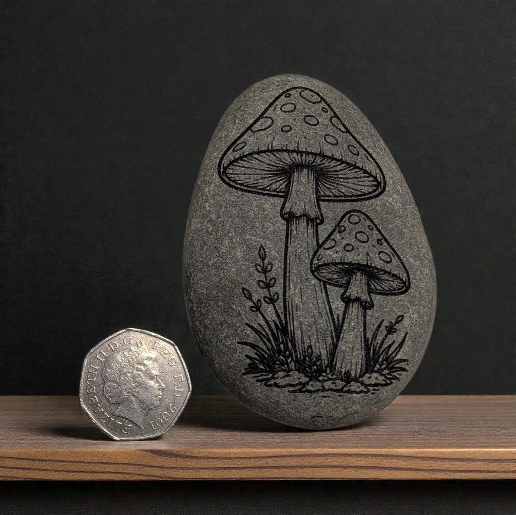 Glass-Etched Toadstool design Stone with Display stand  - custom engraving option