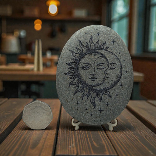 Engraved Moon and Sun Stone – Custom Message, Meditation Decor