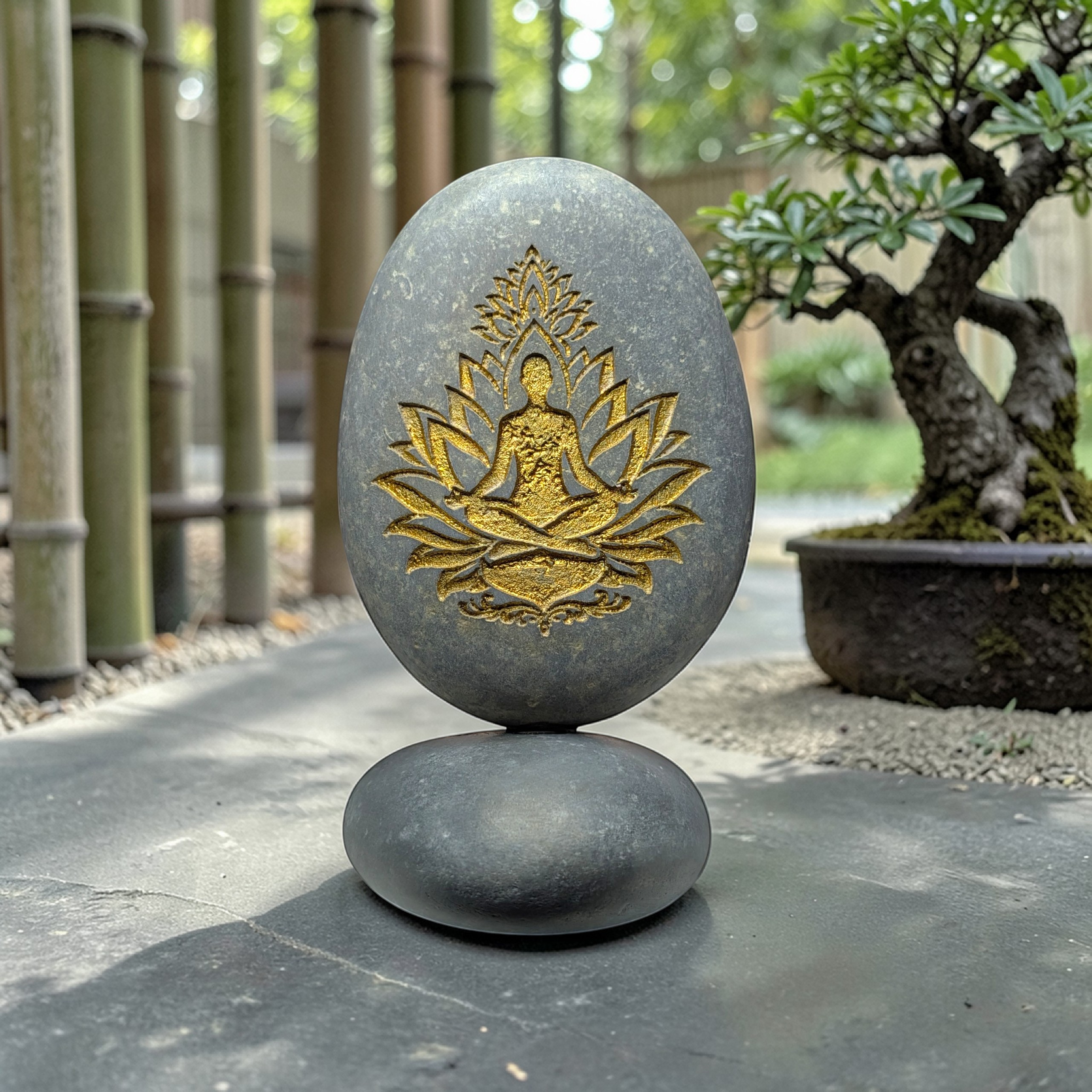 Engraved Lotus Meditation Stone balancing Pebble Sculpture | Hand-Carved Zen Pebble Art