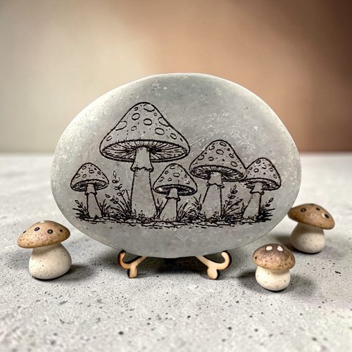 Glass-Etched Toadstool design Stone with Display stand  - custom engraving option