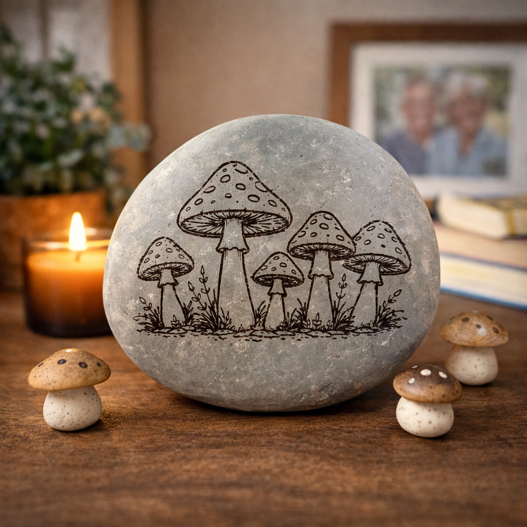 Glass-Etched Toadstool design Stone with Display stand  - custom engraving option