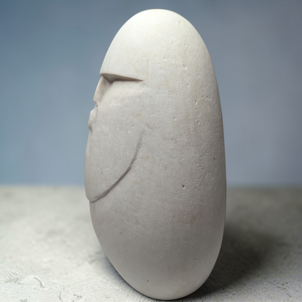 Hand-Carved Natural Stone Oof Sculpture – Heavy Pebble Face Ornament, Minimalist Home Decor