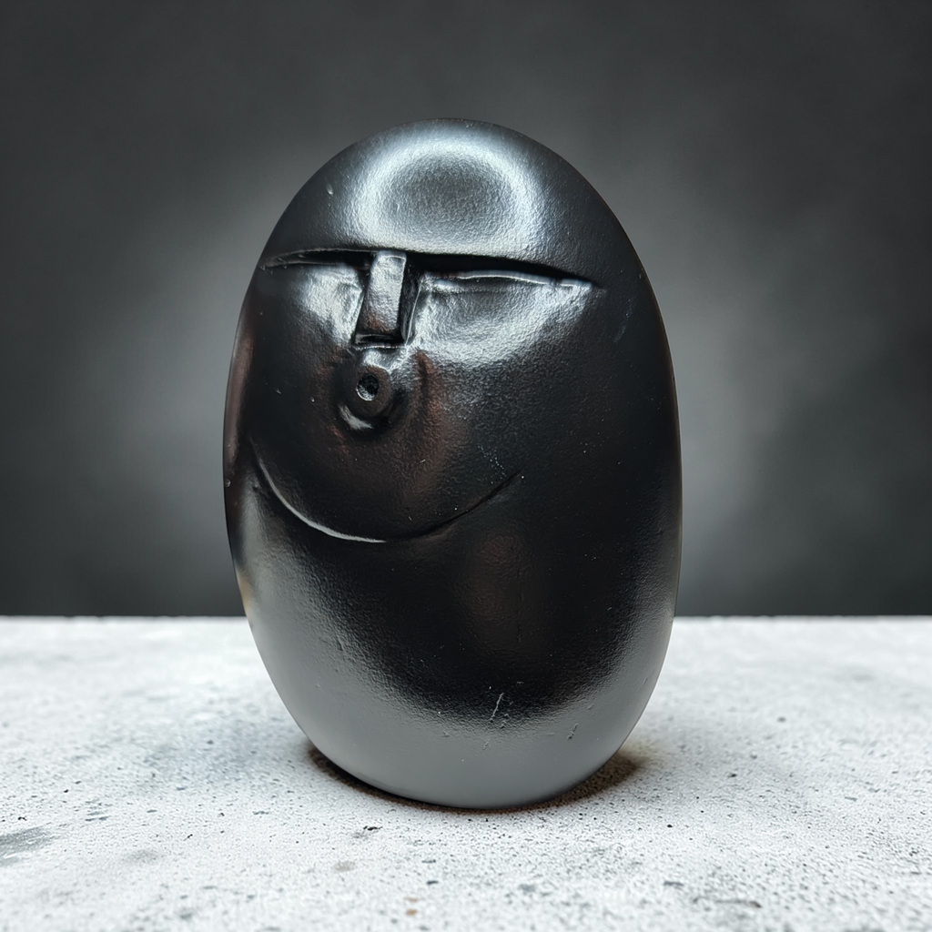 Funny Stone Face Sculpture – Hand Carved Black Pebble Art – Unique Desk Companion – Modern Minimalist Stone Ornament
