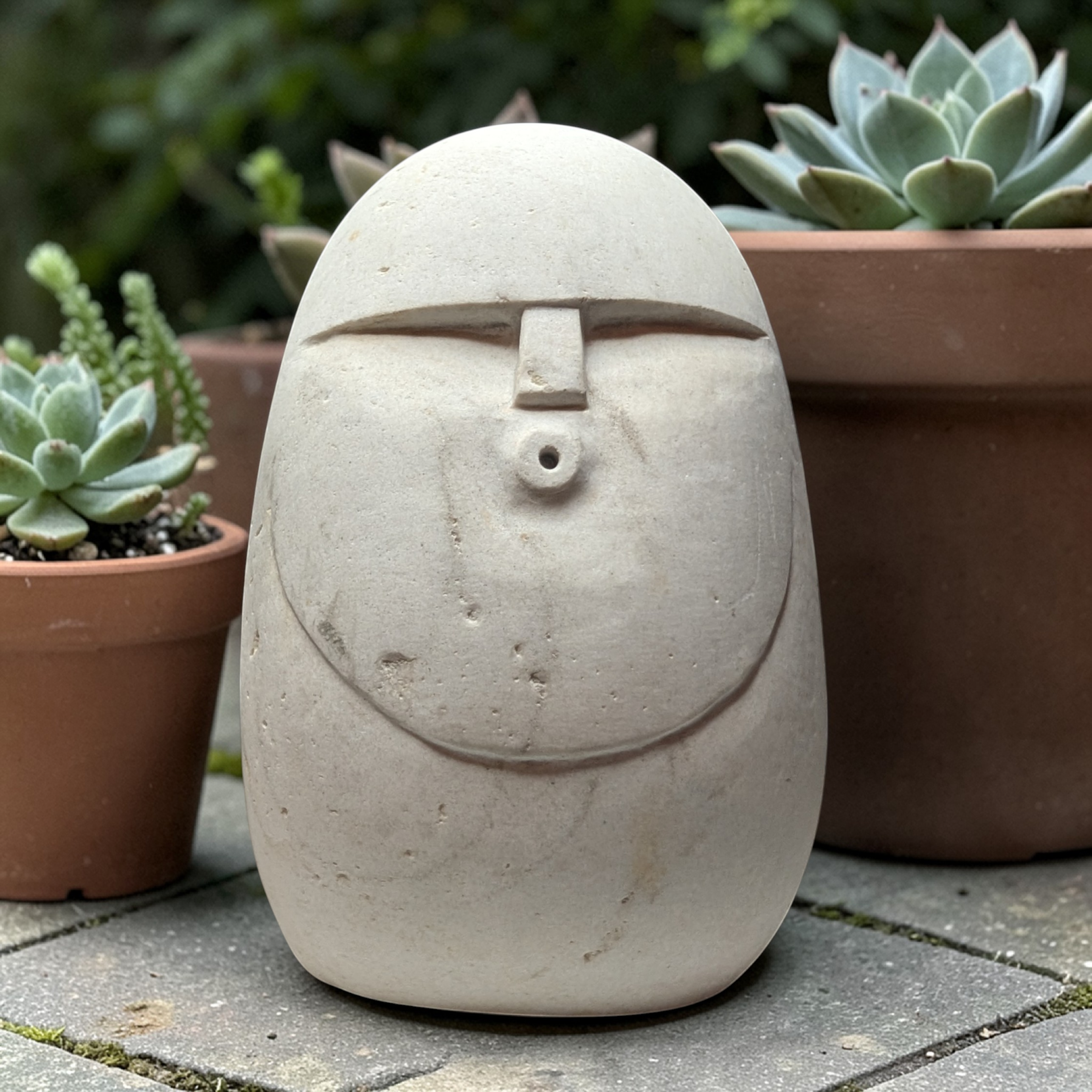 Hand-Carved Natural Stone Oof Sculpture – Heavy Pebble Face Ornament, Minimalist Home Decor