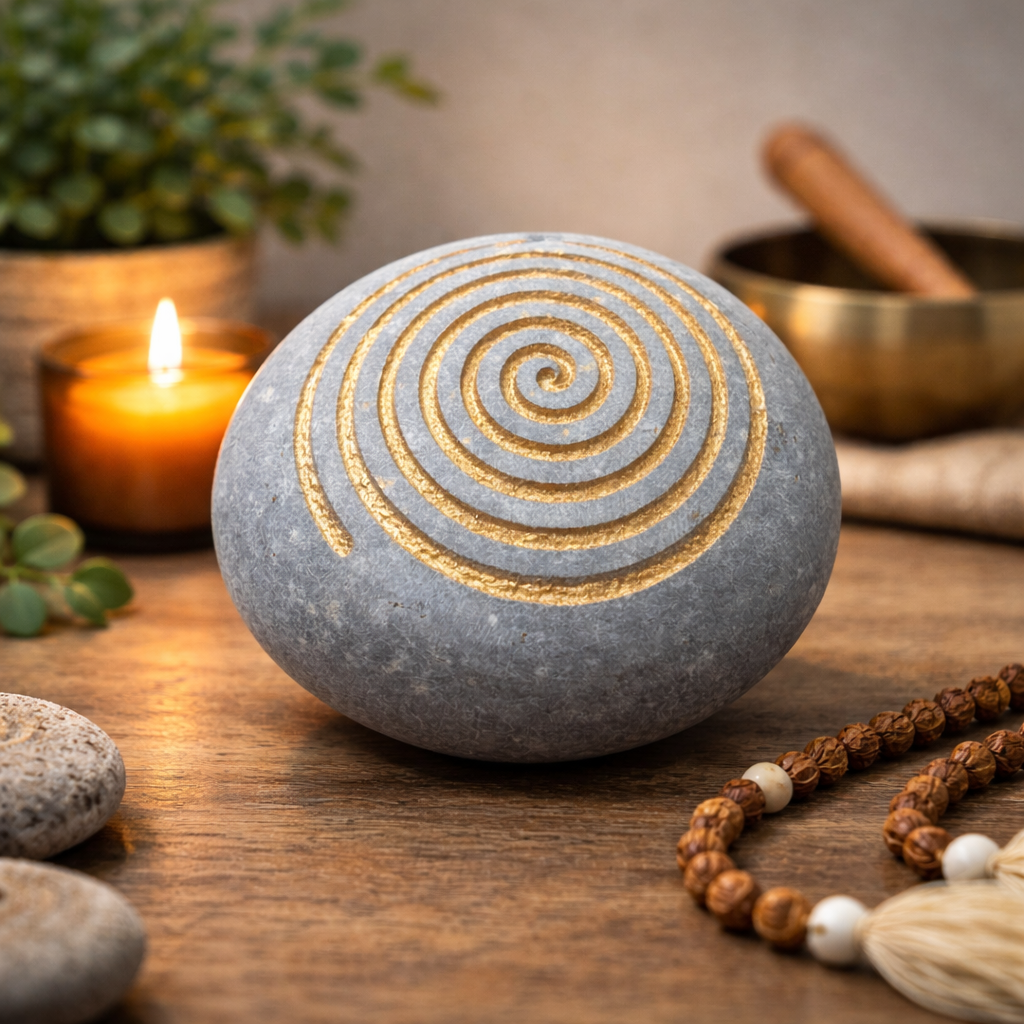 Hand Carved Spiral Stone: Golden Inlay, Meditation, Reiki Gift