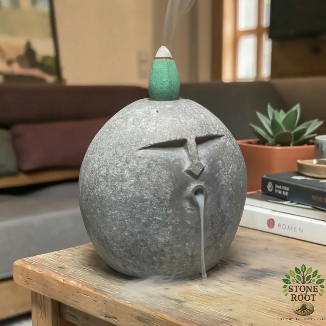 Handmade Incense burning Stone Face Sculpture – Unique Pebble Art Decor