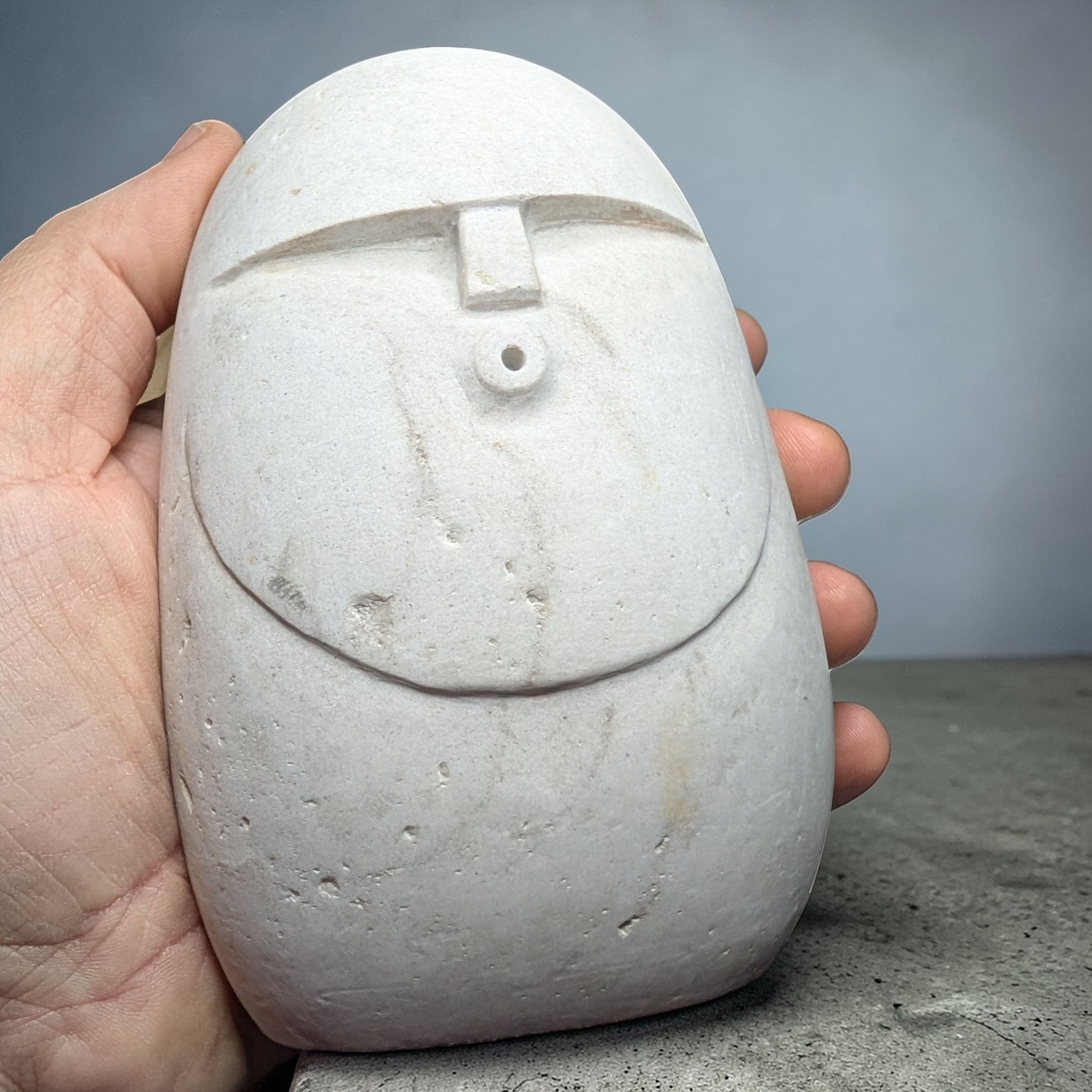 Hand-Carved Natural Stone Oof Sculpture – Heavy Pebble Face Ornament, Minimalist Home Decor