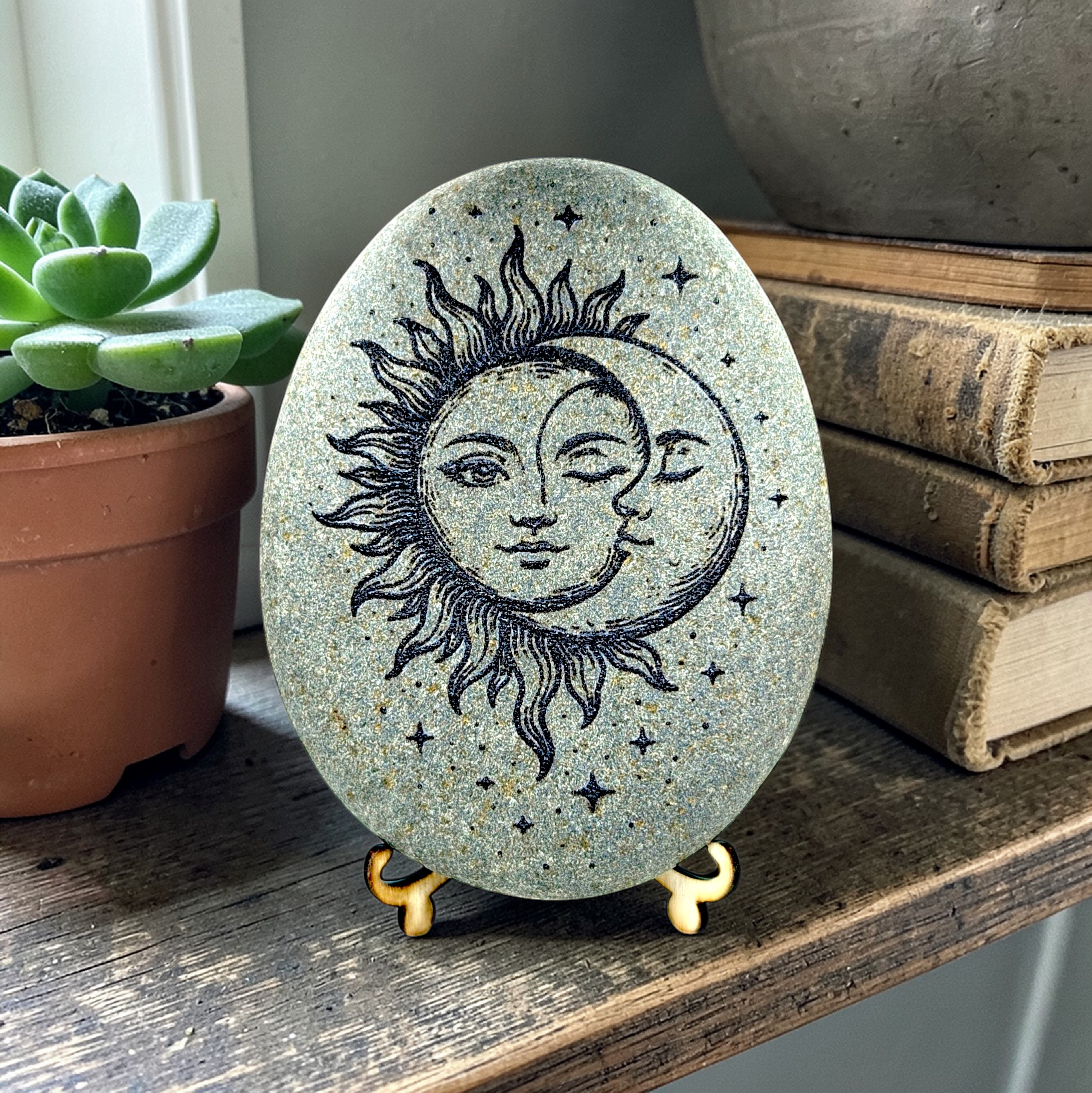 Engraved Moon and Sun Stone – Custom Message, Meditation Decor