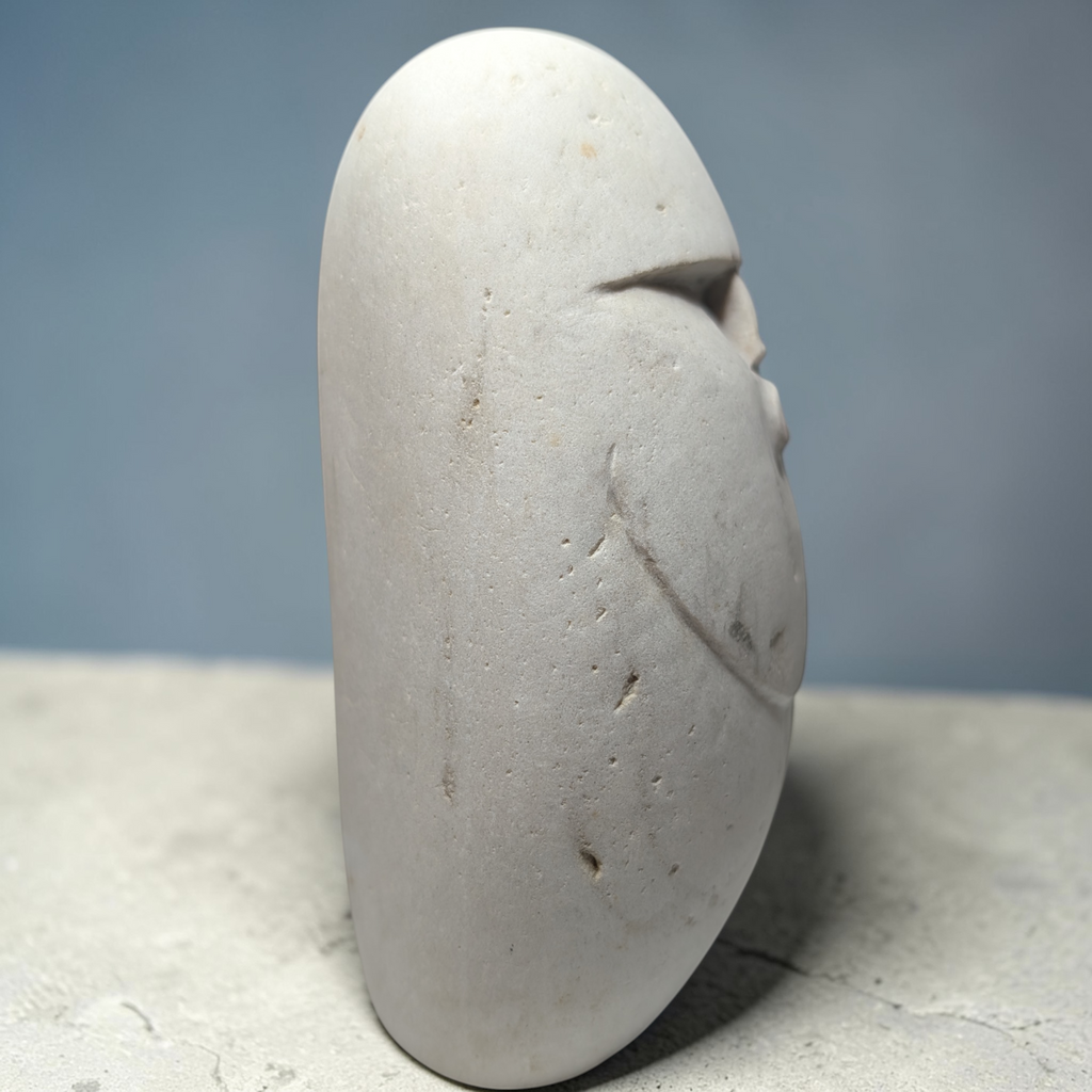 Hand-Carved Natural Stone Oof Sculpture – Heavy Pebble Face Ornament, Minimalist Home Decor