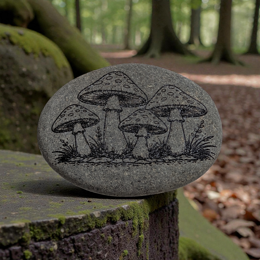 Glass-Etched Toadstool design Stone with Display stand  - custom engraving option