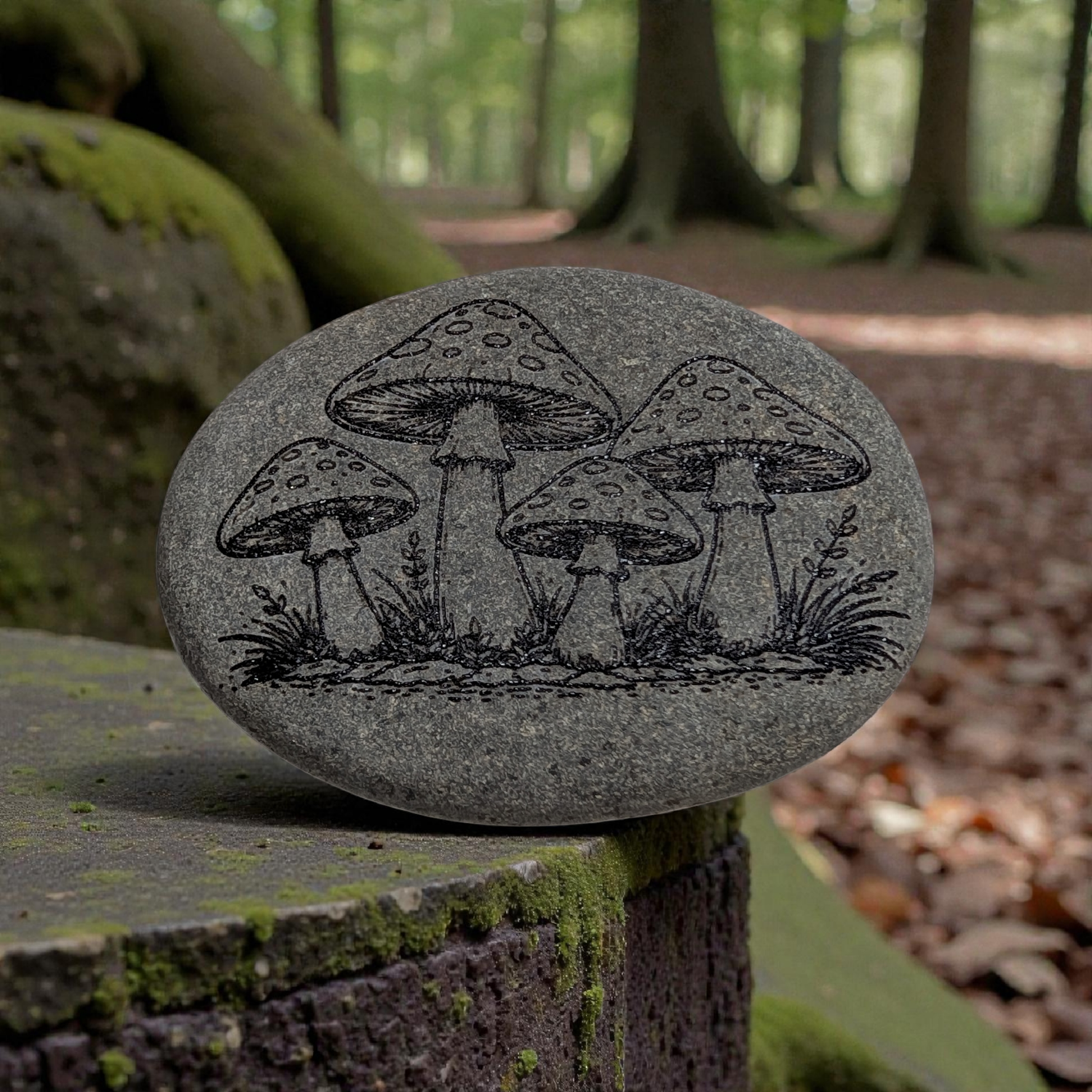 Glass-Etched Toadstool design Stone with Display stand  - custom engraving option