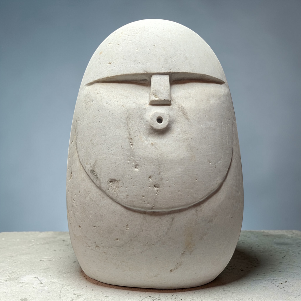Hand-Carved Natural Stone Oof Sculpture – Heavy Pebble Face Ornament, Minimalist Home Decor