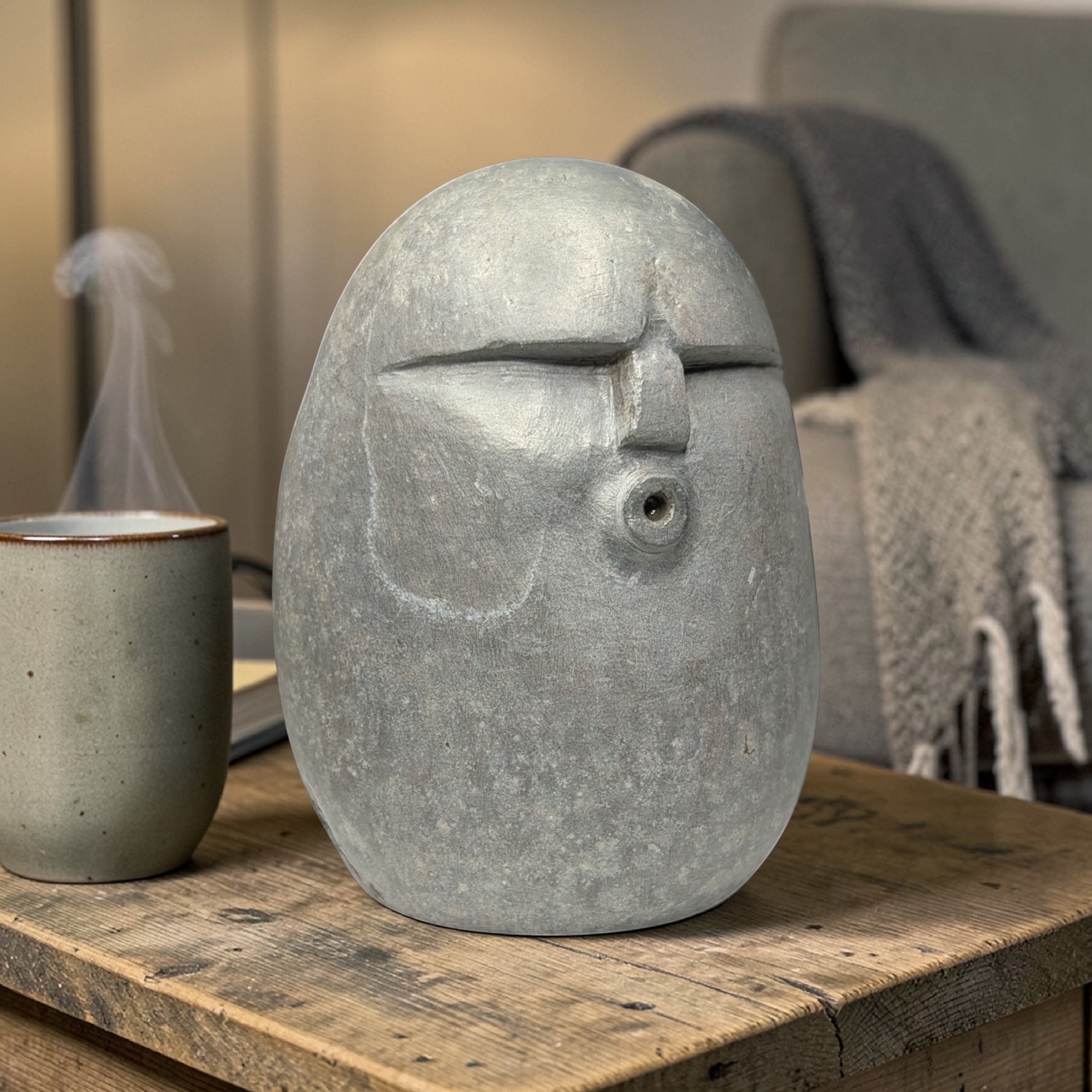 Hand-Carved Stone OoF Face Sculpture, stone garden and home decor