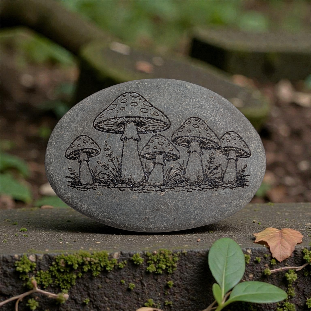 Glass-Etched Toadstool design Stone with Display stand  - custom engraving option