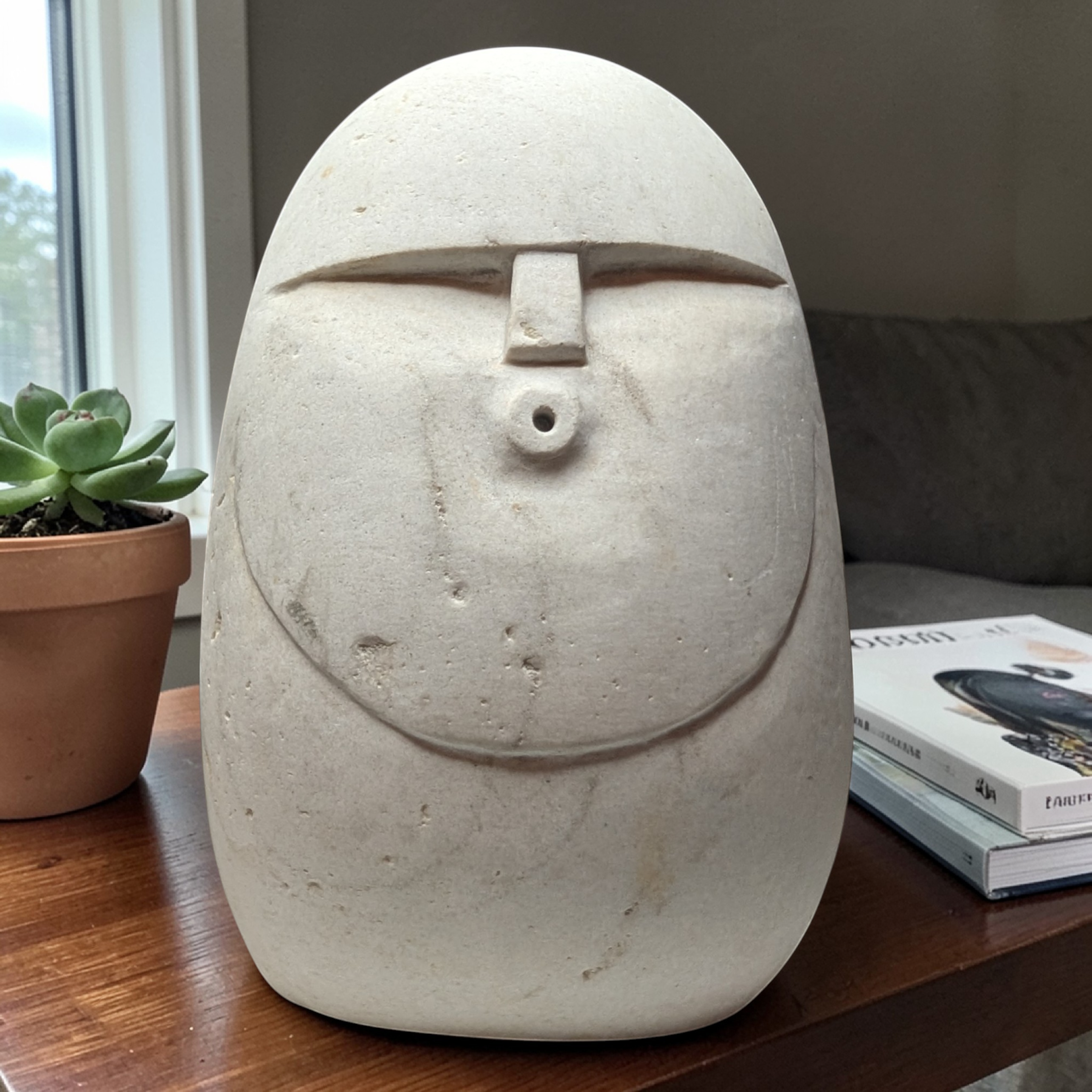 Hand-Carved Natural Stone Oof Sculpture – Heavy Pebble Face Ornament, Minimalist Home Decor