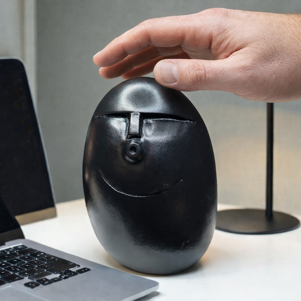 Funny Stone Face Sculpture – Hand Carved Black Pebble Art – Unique Desk Companion – Modern Minimalist Stone Ornament