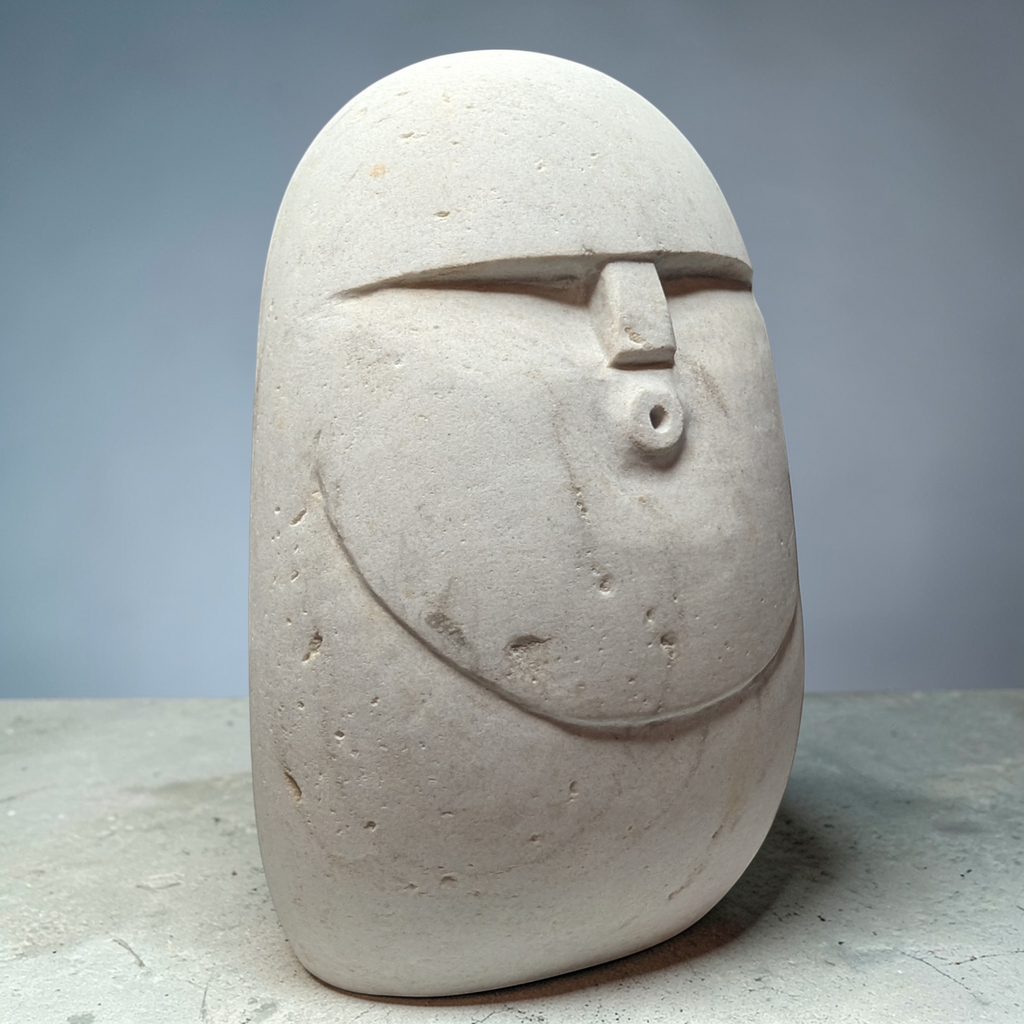 Hand-Carved Natural Stone Oof Sculpture – Heavy Pebble Face Ornament, Minimalist Home Decor