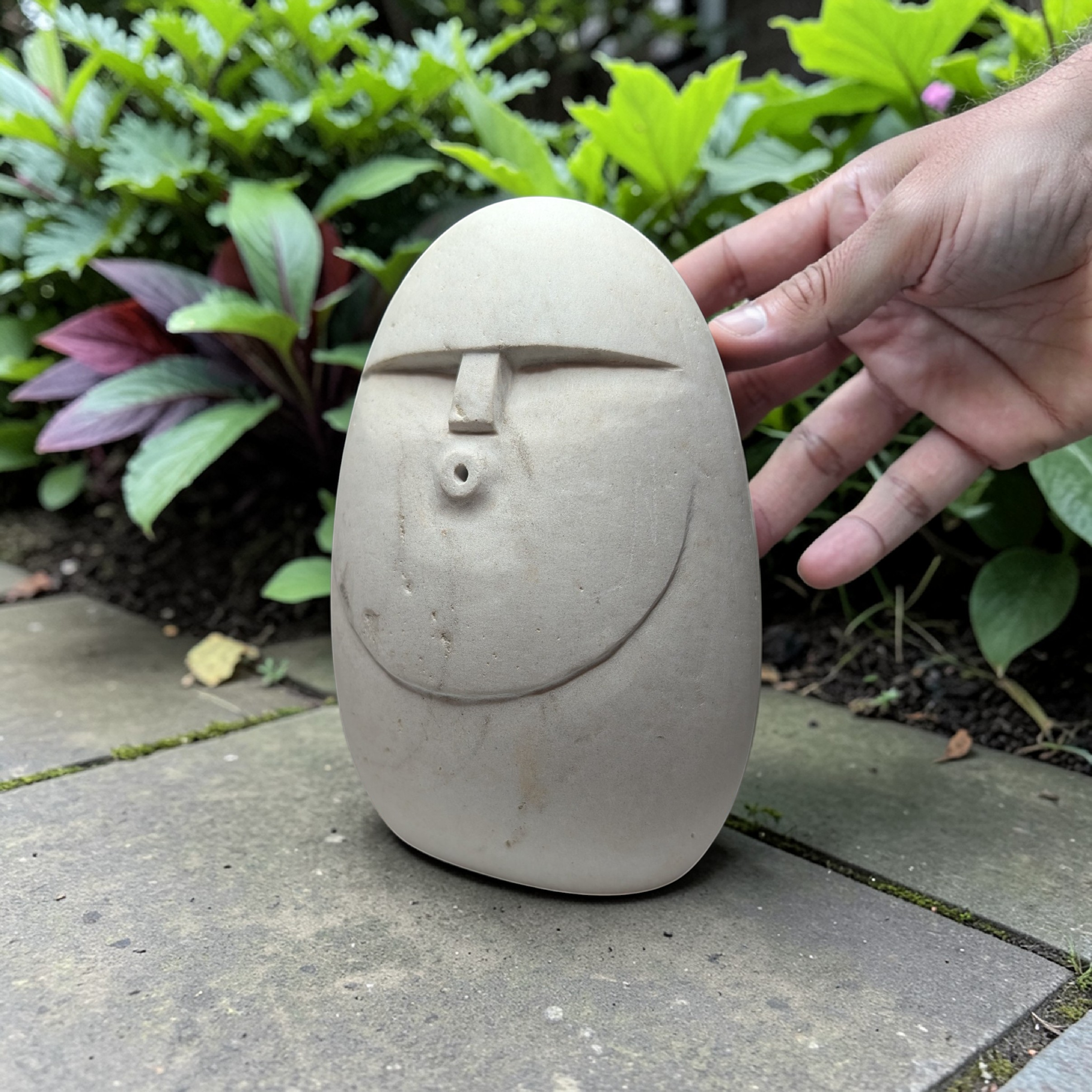 Hand-Carved Natural Stone Oof Sculpture – Heavy Pebble Face Ornament, Minimalist Home Decor
